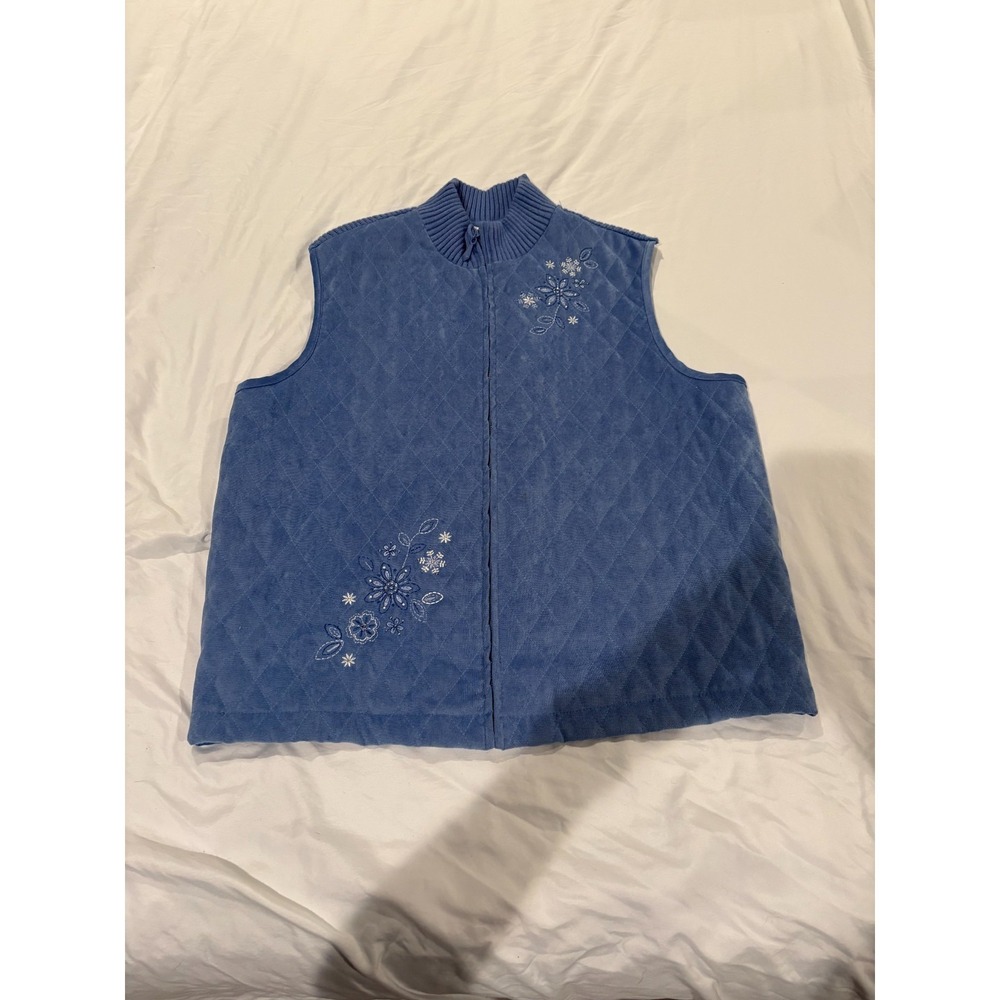Used Alfred‎ Dunner Women's Blue Quilted Zip-Up Vest, Floral Embroidery, Size 16